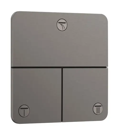 Hansgrohe Bedienfeld in gebürstetem Schwarzchrom, quadratisch mit vier Tasten, die jeweils Symbole für verschiedene Funktionen zeigen.